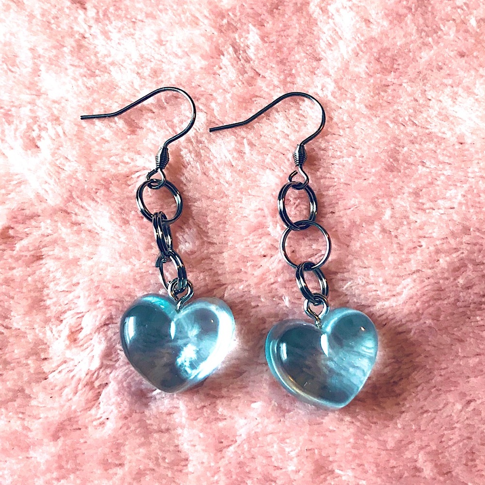 Blue Hard Resin Handmade Heart Stainless Steel Earrings
